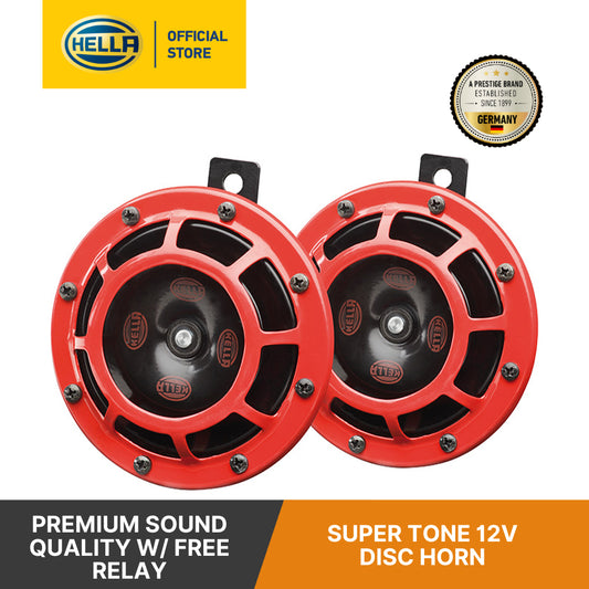 Hella Super Tone 12V Disc Horn With Red Protective Grill (Set Of 2) - 003 399 821 Horn Red