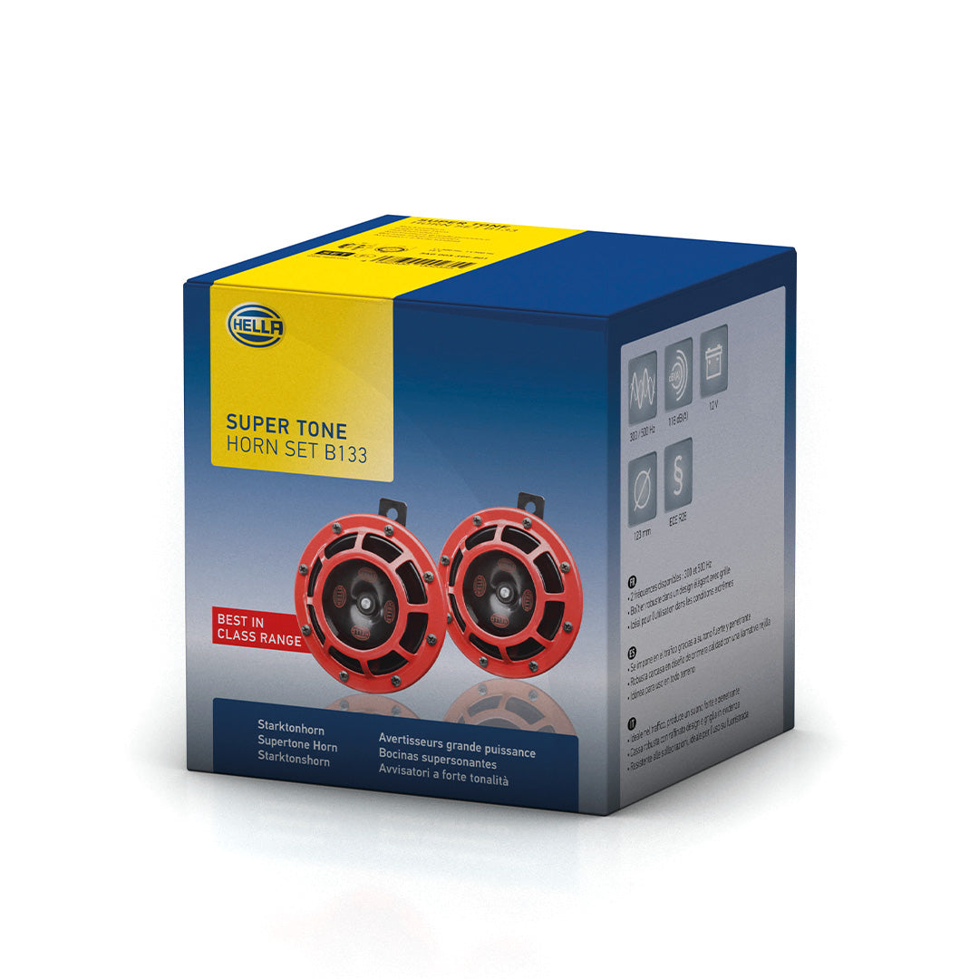 Hella Super Tone 12V Disc Horn With Red Protective Grill (Set Of 2) - 003 399 821 Horn Red