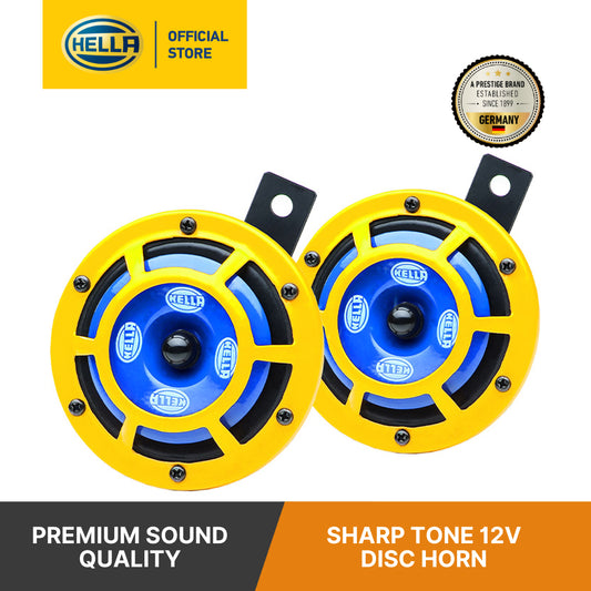 Hella Sharp Tone 12V Disc Horn With Yellow Protective Grill (Set Of 2) - 922 000 731 Horn Yellow